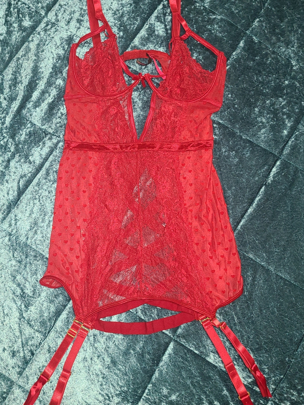 Red Lace Sheer Chemise with Heart-Dot Mesh and Garter Straps